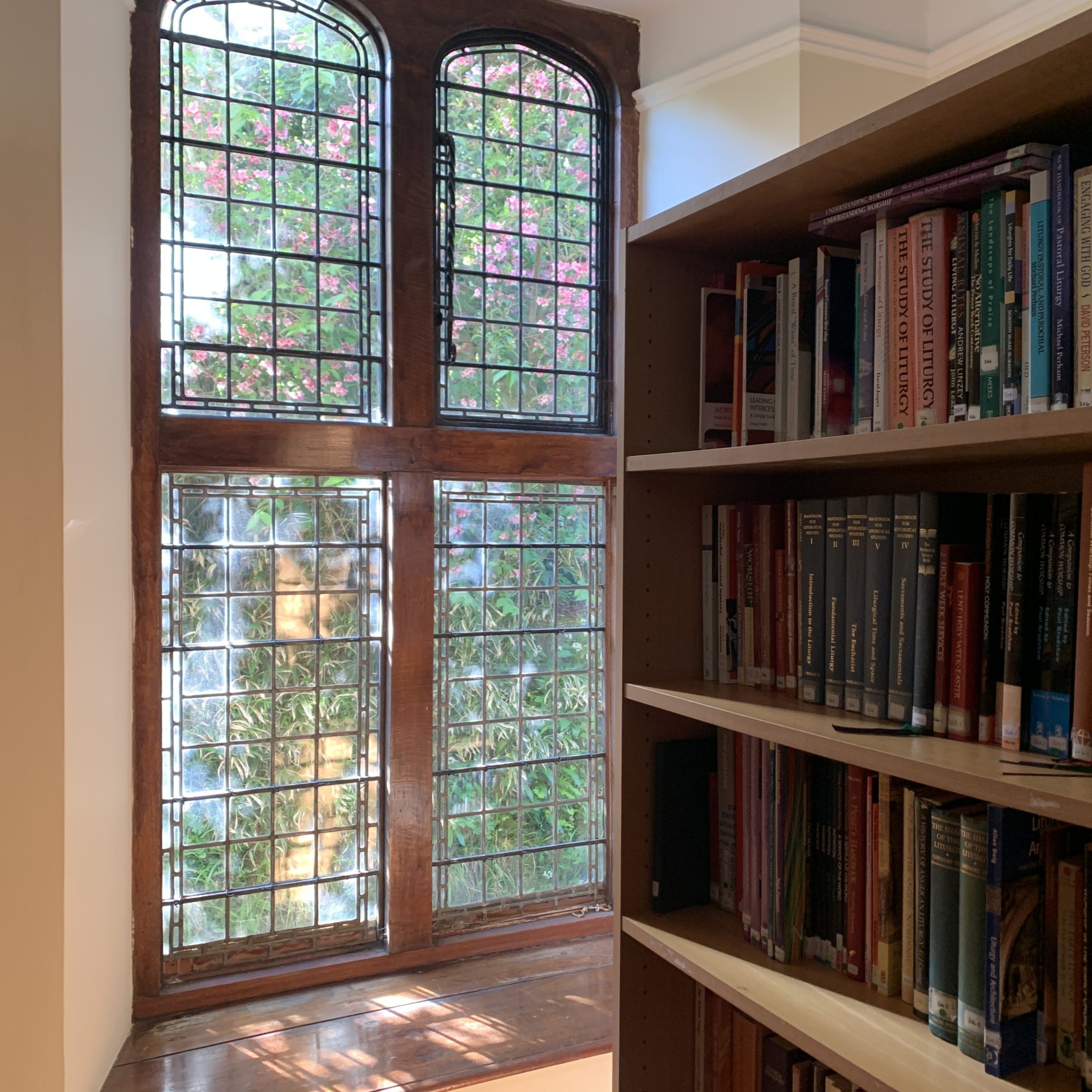 A large window with the sun making coloured squres on the sill, with a shelf of books.